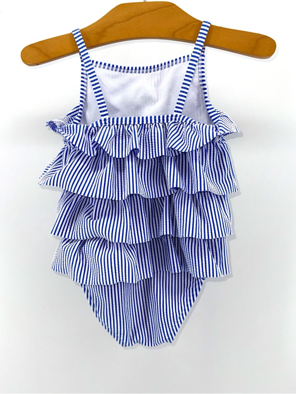 Baby Boden Baby Girls Striped Ruffle One-Piece Swimsuit in Blue and White - Picture 2 of 3